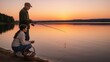 © Margarita Ratatosk - Man and woman fishing at sunset on lake. Generational family leisure and outdoor activity. Golden hour on nature background.
