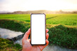 © MOUNTAIN - A white phone screen with a background of an agricultural field where farmers utilize technology to improve their livelihoods.