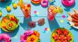 © Soem - A vibrant summer party table with colorful drinks, snacks, and decorations.