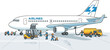 © MSTRAZINA - Commercial passenger airplane on tarmac with ground crew performing maintenance refueling and baggage loading flat vector illustration