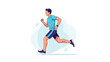 © MS - Active man in sportswear runs dynamically across a soft blue abstract background to promote health, fitness, and a regular running habit.