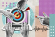 © mitay20 - Retro Halftone Collage. Laptop with arrow on target circle. Target bullseye or arrow on target. The online business grows according to the goals set. Business market concept. Modern photo collage