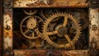 © Safirastudio - Close up view of weathered antique wooden clock gears showcasing intricate mechanical detail and functional complexity.