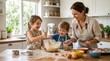 © DesignVectX - Smiling mother and children baking together in kitchen mixing batter and adding sprinkles on cupcake liners with natural light
