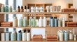© Nusrat - Beauty care products on wooden shelves featuring various bottles of lotion serum and shampoo with folded brown towels in bright modern retail store or spa interior focused on skincare and wellness
