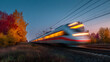 © Thisisbest - Modern Passenger Train Speeding Through Autumn Landscape at Dusk with Blurred Motion Effect