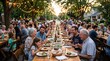 © DesignVectX - Outdoor community dinner party with multigenerational family sharing food conversations and laughter under string lights at sunset