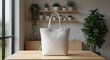 © ZANNATUL - A white tote bag on a wooden table in a minimalist room
