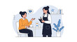 © Adil - Female waitress in an apron taking a coffee order from a seated customer in a modern cafe setting with books and indoor plants.