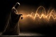 © Bubi Studio - Monk holding lantern with golden light wave energy emanating outward on dark dramatic background