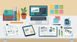 © Satya - A well-organized study desk with a laptop displaying code, a tablet, books, and documents, suggesting a productive work or learning environment