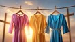 © Sirinya - Colorful Dresses Hanging on a Line Against a Sunset Background