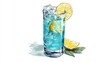 © Suleyman - Blue lagoon cocktail, served in a tall glass with ice and lemon slices, shown in a simple drawing.