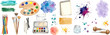 © Arlen - A professional icons collection of art supplies watercolor style vector illustrations, watercolors, brushes, palette, sketchbook, vibrant paint splashes and stains, no background, transparent