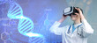 © New Africa - Scientist using VR headset, double exposure with virtual elements. Future technology in biochemistry