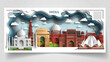 © Nurul - A creative paper cut-out postcard design featuring the Taj Mahal, India Gate, and the Lotus Temple framed by flowing blue clouds and a postage stamp placeholder.