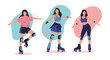© Mimi - Three active women enjoying roller skating together in colorful outfits while showing their skills on a light background with shapes.