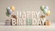 © Robbie - 3D text 'happy birthday' with birthday decorations balloons gifts in pastel colors simple background blender render vector
