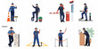 © Rizki - Vector illustrations of security guards in uniform performing various security and traffic control tasks, including patrolling, monitoring, and visitor registration.
