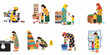 © Rizki - Flat illustration set of mothers and children shopping in a supermarket, showcasing various parenting challenges and daily life moments in a store.