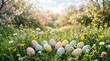 © yustian dmyth - A delightful assortment of beautifully decorated pastel Easter eggs is gathered prominently within a sunlit field of vibrant wild flowers and green foliage.