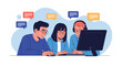 © Md - Diverse group of young friends using a computer together while colorful chat bubbles float above them representing social media communication.