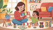 © Anaya - Mother and toddler playing with blocks on living room floor with educational toys