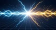 © Artfinity - Powerful electrical discharge with blue and orange lightning. Energy collision and power generation. Electric sparks clashing over a digital grid floor