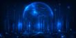 © Alleachday - Vector illustration of smart city with hi tech globe and moving up particles on neon blue background.