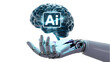 © muhammadhasnain - Robotic hand holding glowing blue brain with ai logo futuristic technology concept artificial intelligence innovation metallic limb holographic display isolated on transpaent white background png
