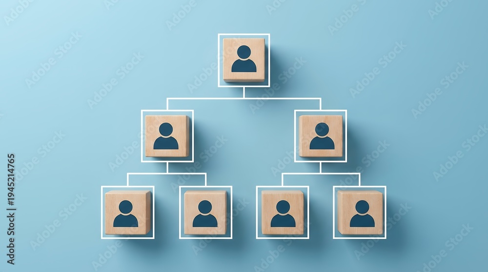 A clear hierarchical organizational chart is depicted with wooden ...
