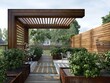 © Victor zastol'skiy - Modern outdoor terrace with wooden pergola and corten steel planters. 3D rendering of patio