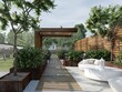 © Victor zastol'skiy - Modern patio with wooden pergola and white lounge furniture. 3D rendering of luxury terrace