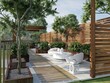 © Victor zastol'skiy - 3D rendering of a modern outdoor patio. Wooden deck with slatted fence and white lounge furniture
