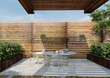 © Victor zastol'skiy - 3D rendering of an outdoor dining patio. Transparent chairs and oval table under a wooden pergola