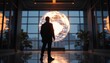 © Cherrisa - Man in suit stands inside modern office facing illuminated globe at dusk