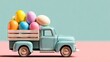 © Taisiia - A toy truck loaded with bright Easter eggs on a pastel background