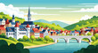 © Purnomo Semlirick - Charming European Village Riverside Scenery Vector Illustration of a Quaint Town with a Bridge and Lush Green Hills