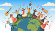 © ShafiqUrRehman - Diverse people dancing on globe with musical instruments and notes symbolizing global unity and celebration of music and culture