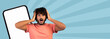 © Prostock-studio - A man stands in front of a plain background. He holds his head with both hands and looks surprised. A large smartphone is beside him, and colorful patterns fill the space around him.