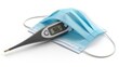 © Marina - A digital thermometer with an elevated temperature and a protective medical mask, a concept for healthcare, fever symptoms, and infection prevention. AI generated.