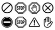 © Aoun - Prohibition and warning icons set, stop signs, caution triangle, hand symbols, no entry, safety signage, universal restriction, hazard alerts.