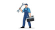 © Ashikur - Strong male mechanic in blue overalls holding a large wrench and carrying a toolbox full of professional repair tools.