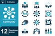 © dhearr - Community icon set. Social network collaboration, teamwork community group, global social connection, people interaction system, community support network and more. Duotone vector icons collection.