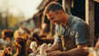 © Marina Darina - Farmer smiling while feeding chickens in a barnyard at sunset, cheerful mood