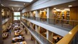 © Thares2020 - Interior view of a large modern multi level library filled with students working and studying at tables and desks