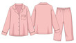 © adzka10 - Elegant flat sketch of a comfortable pink pajama set, featuring a collared, button-front long-sleeved top with a pocket and matching elastic waist