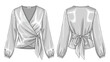 © adzka10 - Elegant women's wrap blouse technical illustration with front and back views, featuring long cuffed sleeves and a stylish tie detail design
