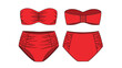 © adzka10 - Vibrant red strapless bandeau bikini top and high-waisted ruched bottoms technical drawing, showcasing front and rear views. Perfect for swimwear