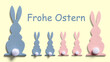 © Thomas Hut - Rückansicht von einer Familie von Osterhasen in rosa und hellblau wünschen frohe Ostern